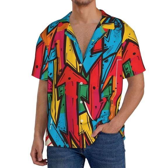 Rateoe Colorful Arrow Graffiti Pattern Pattern Men's Short Sleeve Classic Shirt, Casual Short-Sleeved Shirt, Lightweight Summer Shirt, Cuban Collar Shirt,Button-Front Shirt-Small