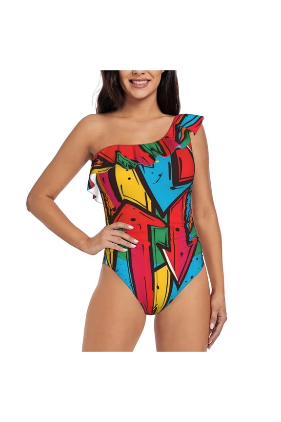Colorful Arrow Graffiti Pattern Pattern Women One Piece Swimsuits Tummy Control One Shoulder Bathing Suits Ruffle Swimwear-