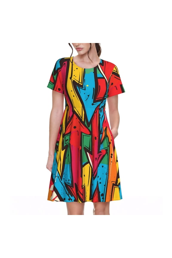 Colorful Arrow Graffiti Pattern Pattern Women’s Short Sleeve Dress – Casual Elegant Summer A-Line Dress for Everyday Wear