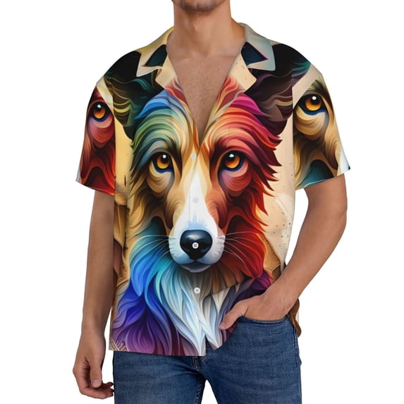 Rateoe Colorful Art Dog Pattern Men's Short Sleeve Classic Shirt, Casual Short-Sleeved Shirt, Lightweight Summer Shirt, Cuban Collar Shirt,Button-Front Shirt-XX-Large
