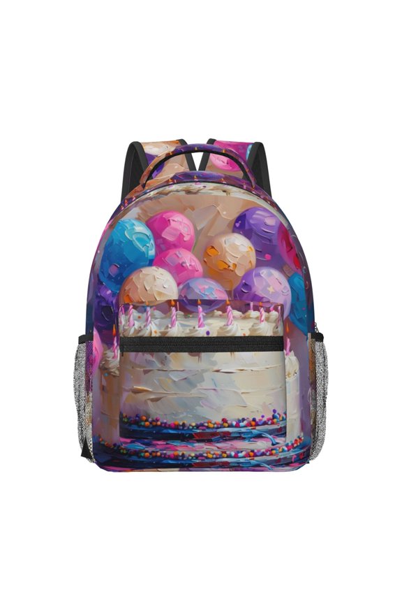 Colorful Balloon Cake Celebration Pattern Durable Student Backpack Laptop Bag- Ergonomic Design, Waterproof Twill Fabric - Ideal for School, Travel, and Outdoor Activities-One Size