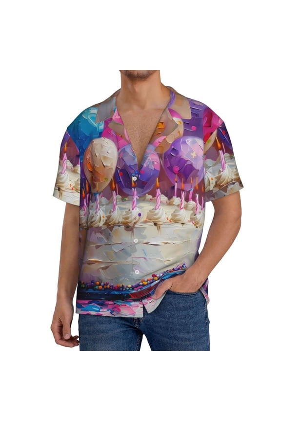 Colorful Balloon Cake Celebration Pattern Men's Short Sleeve Classic Shirt, Casual Short-Sleeved Shirt, Lightweight Summer Shirt, Cuban Collar Shirt,Button-Front Shirt-XX-Large