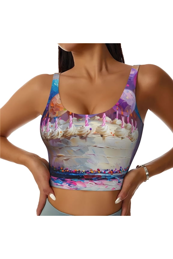 Colorful Balloon Cake Celebration Print Womens' Sports Bras Scoop Neck Sports Vest- Padded U Back Seamless High Impact Support-Small
