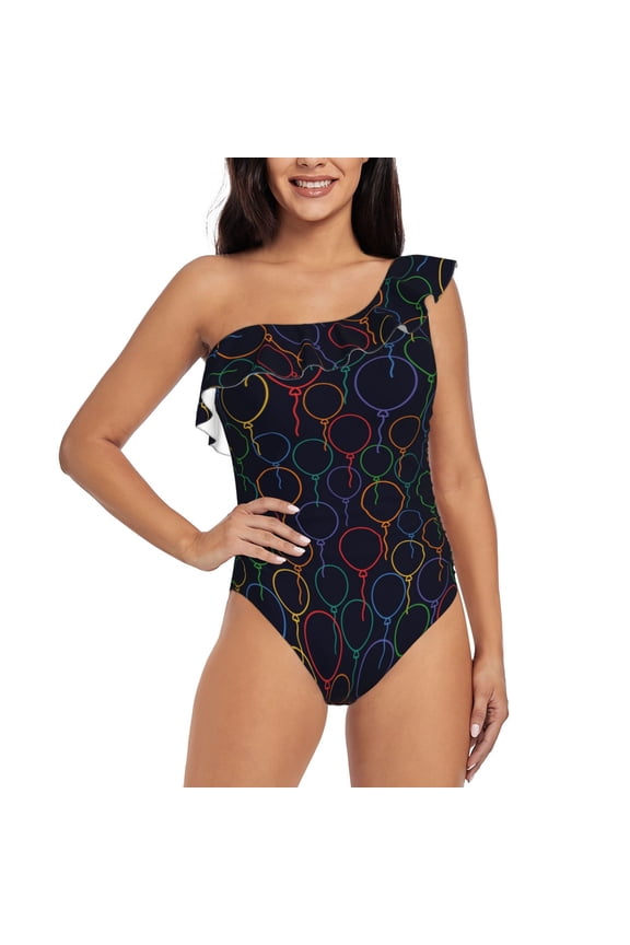 Colorful Balloons Pattern Women One Piece Swimsuits Tummy Control One Shoulder Bathing Suits Ruffle Swimwear-Large