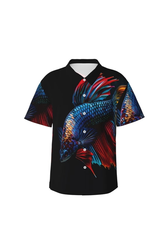Colorful Betta Fish Pattern Men’s Hawaiian Shirt – Short Sleeve Button-Down Tropical Beach Shirt, Lightweight & Breathable Casual Aloha Shirt with Pocket,