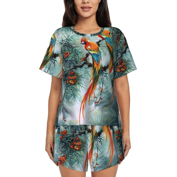 Rateoe Colorful Birds Pine Branch Pattern Women's Short-Sleeved Pajama Set - 2 Piece Soft and Lightweight Sleepwear Set-Large