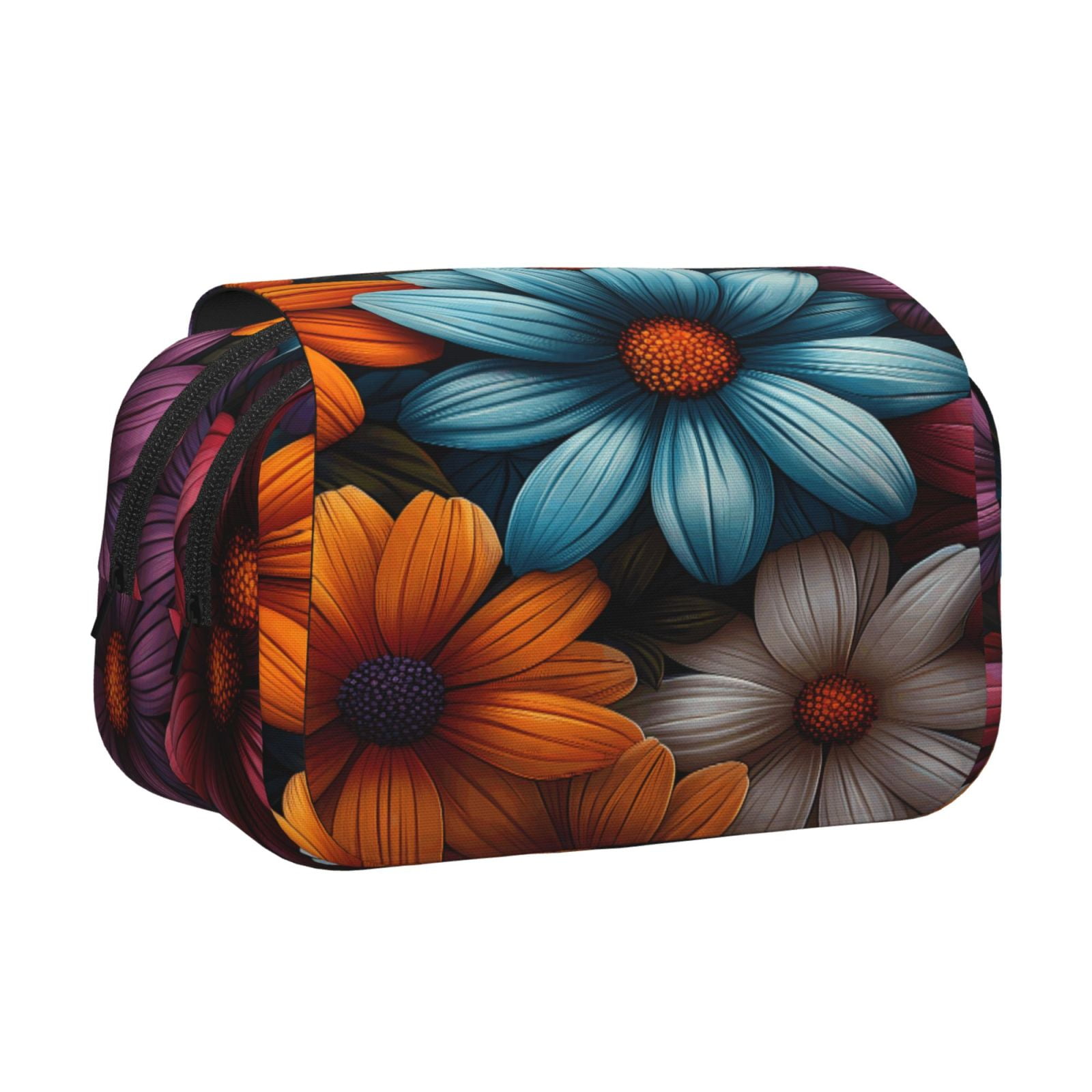 Rateoe Colorful Blooming Flowers Pattern Double Clamshell Pen Case, Storage Organizer with Two Zipper Compartments– Holds Up to 50 Pencils & Pens