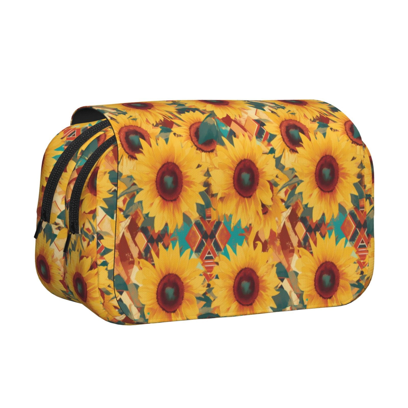 Rateoe Colorful Bohemian Sunflower Pattern Double Clamshell Pen Case, Storage Organizer with Two Zipper Compartments– Holds Up to 50 Pencils & Pens