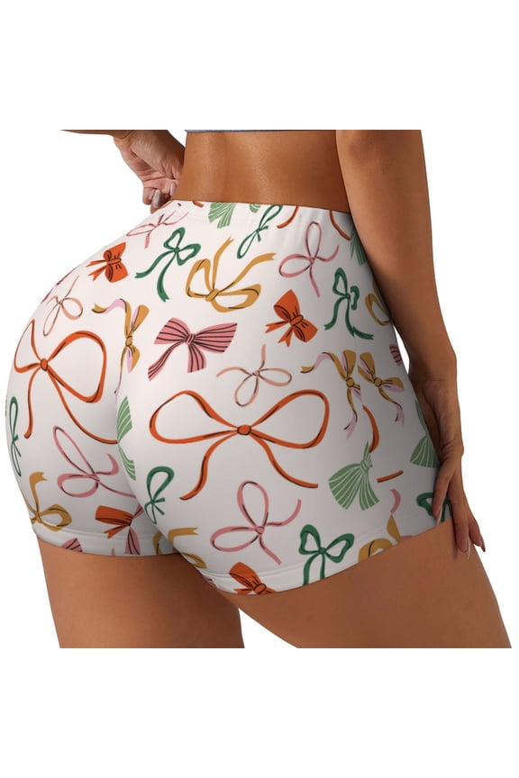Colorful Bow Knots Printed Power Workout Shorts for Women Tummy Control Squat Proof Ribbed Thick Seamless Scrunch Active Short-Large