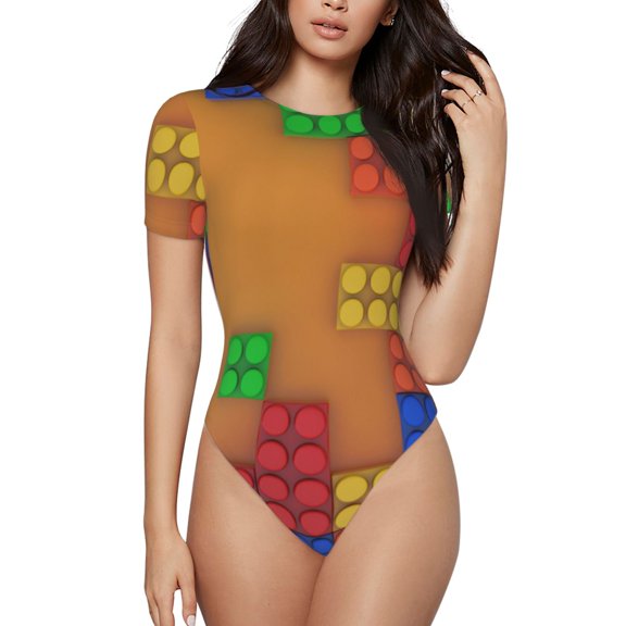 Rateoe Colorful Building Blocks A Printed Women Rash Guard Short Sleeve,Tummy control Swimsuit Surfing Swimsuit Bathing Suit Short-sleeved Onesie UPF 50+ -Small