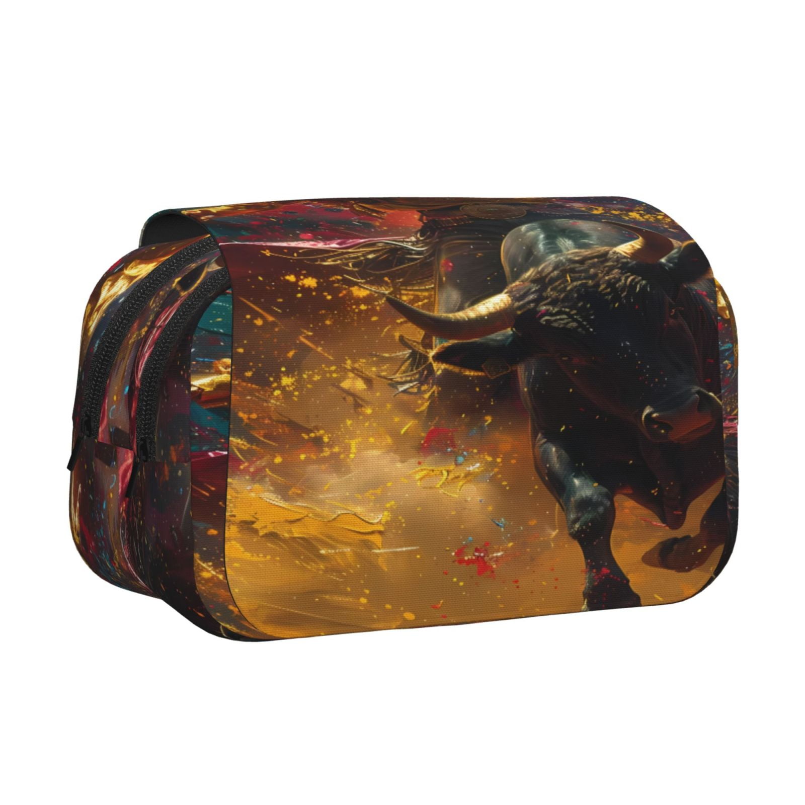 Rateoe Colorful Bull Western Man Pattern Double Clamshell Pen Case, Storage Organizer with Two Zipper Compartments– Holds Up to 50 Pencils & Pens