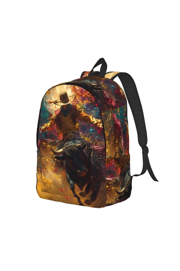 Colorful Bull Western Man Pattern Durable Canvas Backpack for Men & Women – Stylish & Lightweight – Adjustable Straps, Multiple Pockets – Fits 15-17 Inch LaptopsSmall