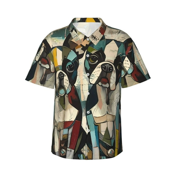 Rateoe Colorful Bulldog Duo Pattern Men’s Hawaiian Shirt – Short Sleeve Button-Down Tropical Beach Shirt, Lightweight & Breathable Casual Aloha Shirt with Pocket,3X-Large