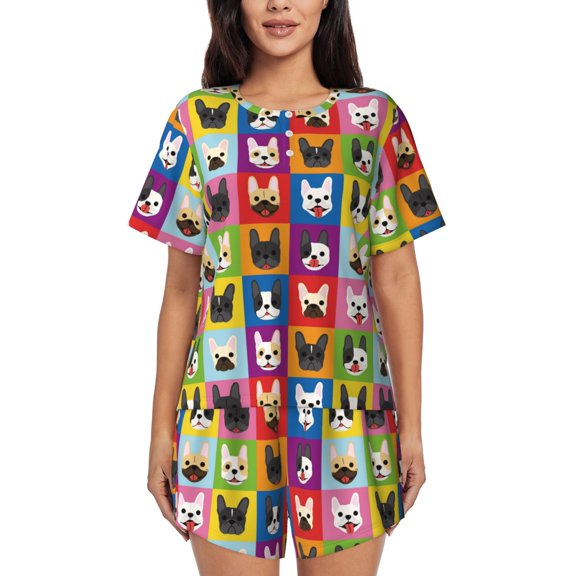 Rateoe Colorful Bulldog Pattern Women's Short-Sleeved Pajama Set - 2 Piece Soft and Lightweight Sleepwear Set-Medium