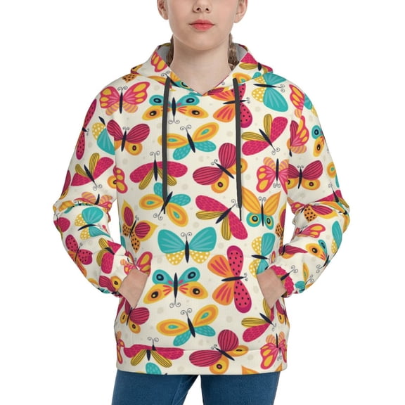 Rateoe Colorful Butterflies Pattern Boys Hoodie, Youth Pullover Hooded Sweatshirt, Kangaroo Pocket Hoodie for Kids-Large