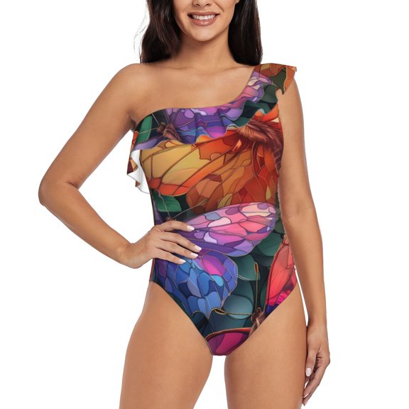 Rateoe Colorful Butterfly Cluster Pattern Women One Piece Swimsuits Tummy Control One Shoulder Bathing Suits Ruffle Swimwear-Large