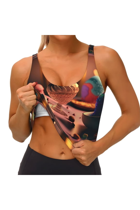 Colorful Cake Ice Cream Print Womens' Sports Bras Scoop Neck Sports Vest- Padded U Back Seamless High Impact Support