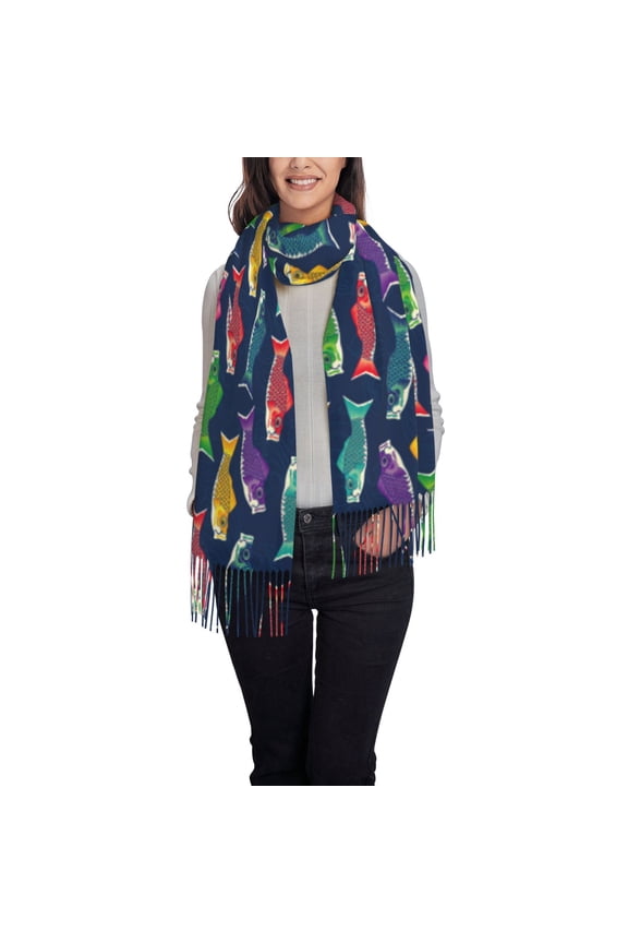 Colorful Carp Streamer 1 Women's Traditional Scarf Wrap Tassel Shawl Fringes Neck Head Shawl Retro Scarf