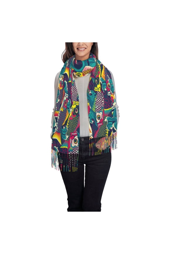 Colorful Carp Streamer Women's Traditional Scarf Wrap Tassel Shawl Fringes Neck Head Shawl Retro Scarf