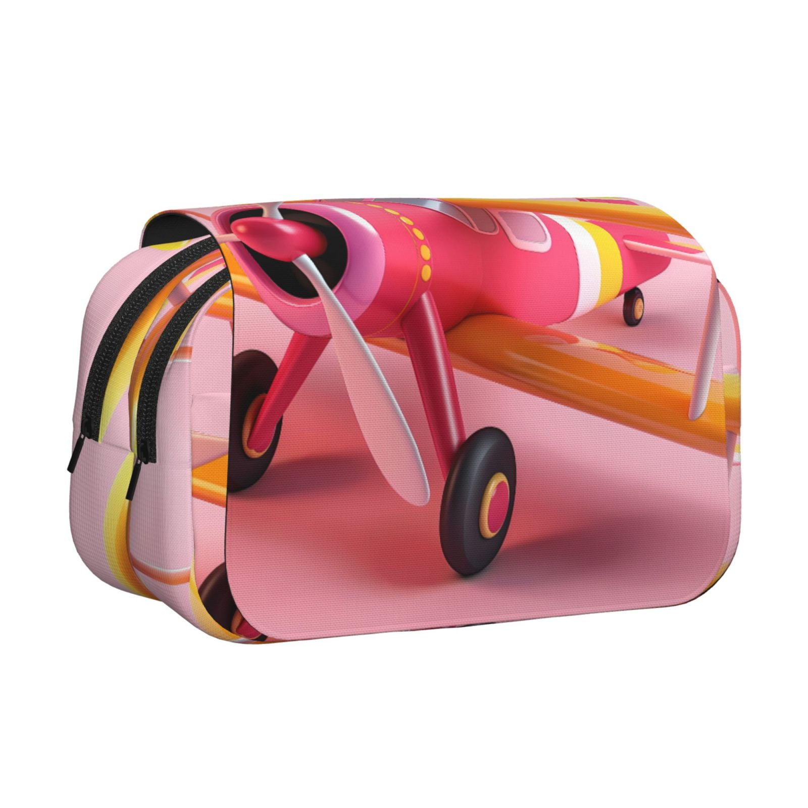 Rateoe Colorful Cartoon Biplane Pattern Double Clamshell Pen Case, Storage Organizer with Two Zipper Compartments– Holds Up to 50 Pencils & Pens