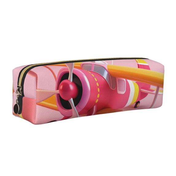 Rateoe Colorful Cartoon Biplane Print Leather Pencil Case with Smooth Zipper, Compact Storage for Writing Tools & Art Supplies, 8.26" x 1.96" x 2.16"
