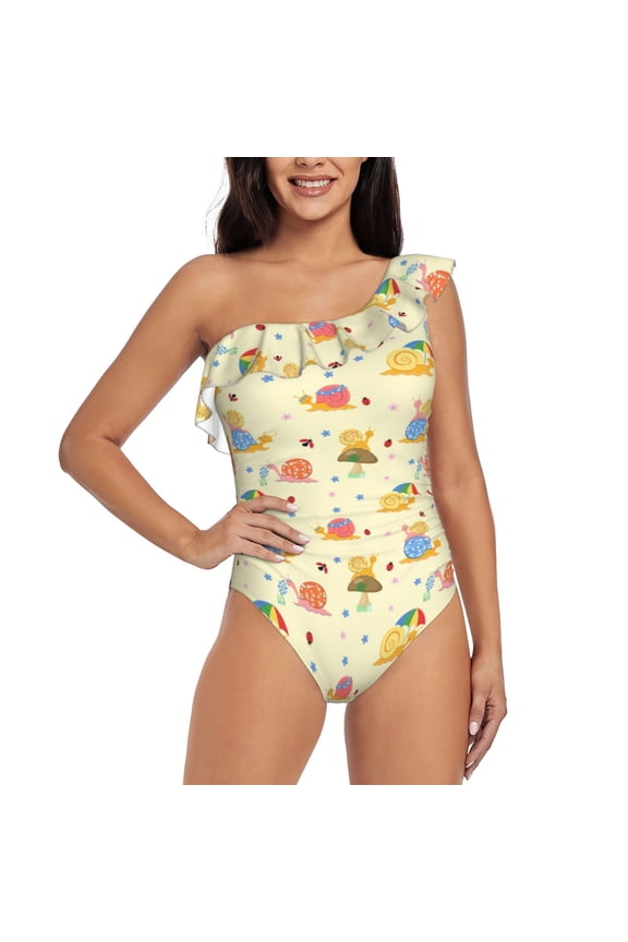 Colorful Cartoon Snail Pattern Women One Piece Swimsuits Tummy Control One Shoulder Bathing Suits Ruffle Swimwear-
