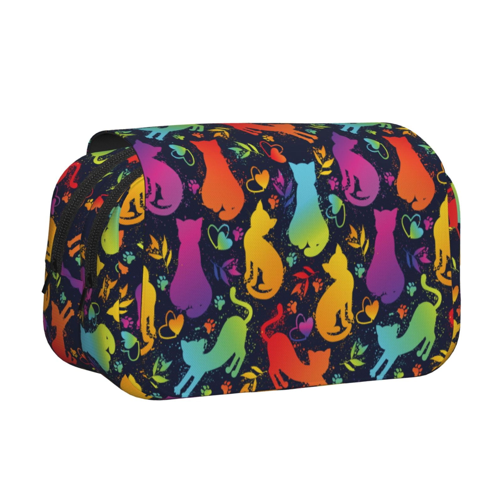 Rateoe Colorful Cats Pattern Double Clamshell Pen Case, Storage Organizer with Two Zipper Compartments– Holds Up to 50 Pencils & Pens