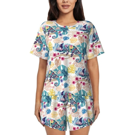 Rateoe Colorful Chameleons Pattern Women's Short-Sleeved Pajama Set - 2 Piece Soft and Lightweight Sleepwear Set-Large