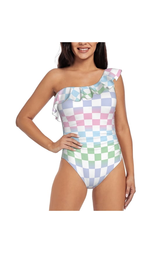 Colorful Checkerboard Pattern Women One Piece Swimsuits Tummy Control One Shoulder Bathing Suits Ruffle Swimwear-X-Large
