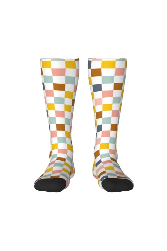 Colorful Checkered 1 Pattern Women’s Knee High Crew Socks,Trouser Socks Comfortable, Breathable, Moisture-Wicking and Soft