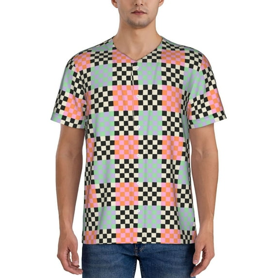 Rateoe Colorful Checkered Pattern Men’s Baseball Short Sleeve Polo Shirt, Midweight Men's Shirt Golf Shirt Polo Shirts Quick Dry Short-Large