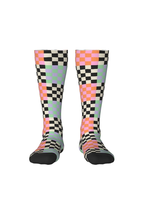 Colorful Checkered Pattern Women’s Knee High Crew Socks,Trouser Socks Comfortable, Breathable, Moisture-Wicking and Soft