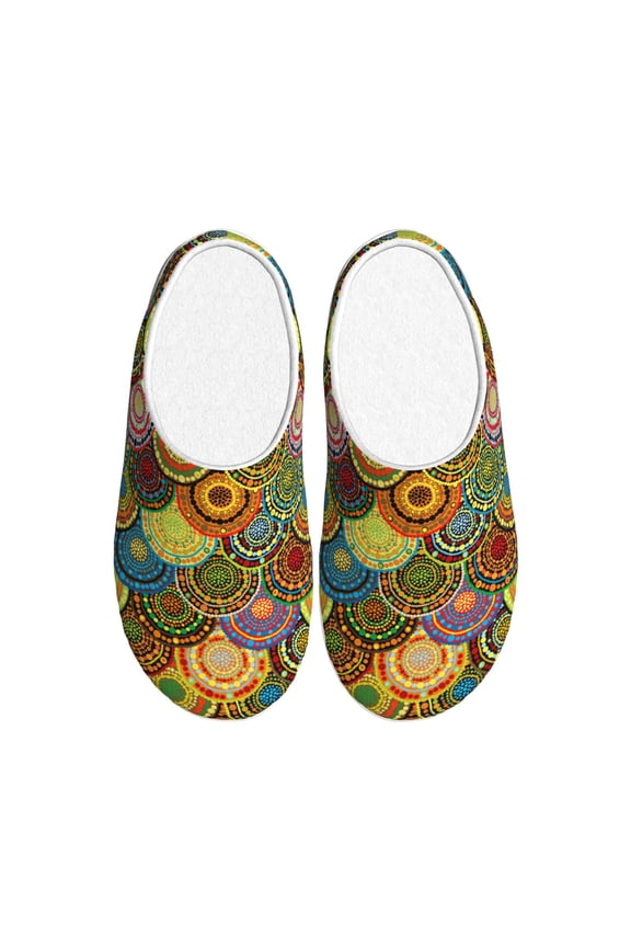 Colorful Circle Print Women's Men's Cotton Knit Slippers Lightweight Memory Foam Indoor House Shoes with Anti-Skid Sole-44/45