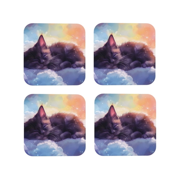 Rateoe Colorful Cloud Sleeping Cat Drawing Drink Coasters Set of 4 Leather Coasters Spill Protection for Table Desk,Durable and Non Slip Leather Coaster ,4 Inches Drink Mats-Square