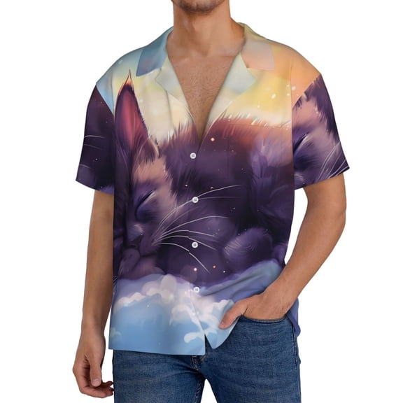 Rateoe Colorful Cloud Sleeping Cat Pattern Men's Short Sleeve Classic Shirt, Casual Short-Sleeved Shirt, Lightweight Summer Shirt, Cuban Collar Shirt,Button-Front Shirt-Large