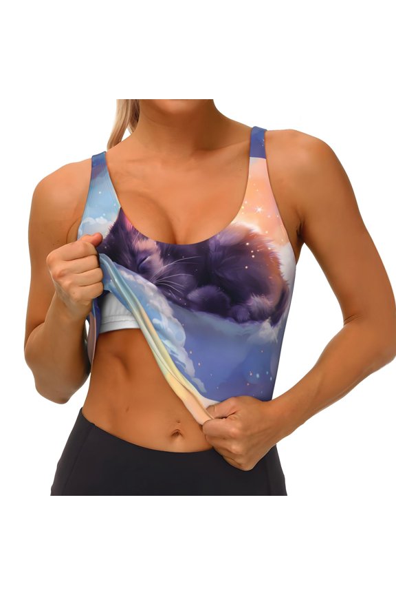 Colorful Cloud Sleeping Cat Print Womens' Sports Bras Scoop Neck Sports Vest- Padded U Back Seamless High Impact Support