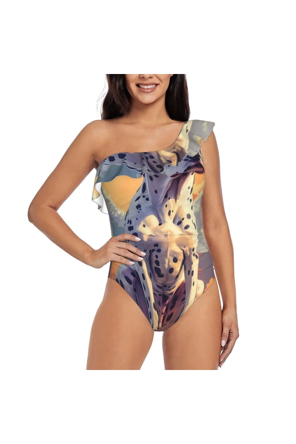 Colorful Cloud Spotted Dog Pattern Women One Piece Swimsuits Tummy Control One Shoulder Bathing Suits Ruffle Swimwear-Large