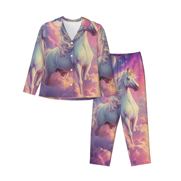 Rateoe Colorful Cloud White Horse Pattern Womens Pajamas Set Long Sleeve Sleepwear Button Down Nightwear Soft Cotton Pj Lounge Sets