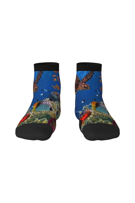 Colorful Coral Reef Pattern Quarter Crew Socks,Toe Seamed Ankle Socks,Cotton Cushioned Breathable Athletic Crew Sports Socks