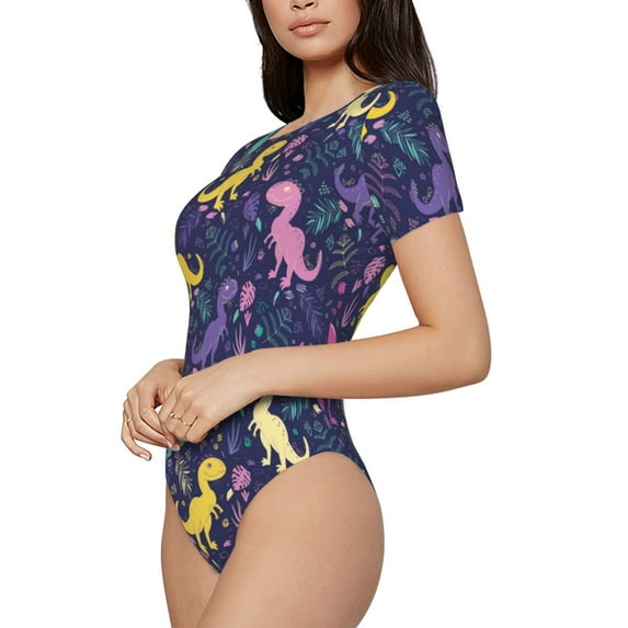 Rateoe Colorful Dinosaur Printed Women Rash Guard Short Sleeve,Tummy control Swimsuit Surfing Swimsuit Bathing Suit Short-sleeved Onesie UPF 50+