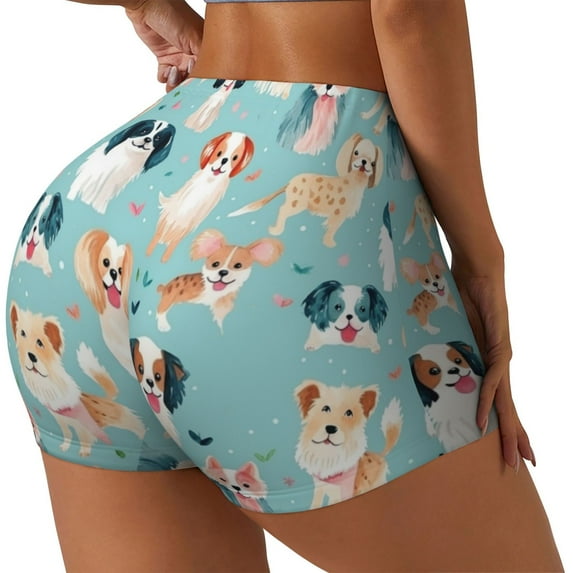Rateoe Colorful Dog Printed Power Workout Shorts for Women Tummy Control Squat Proof Ribbed Thick Seamless Scrunch Active Short-Medium