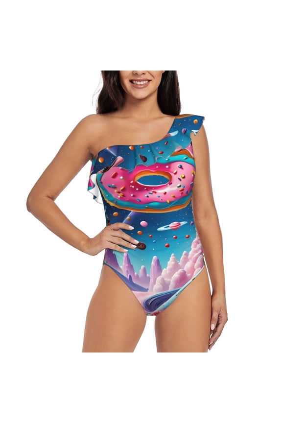 Colorful Donut Pattern Women One Piece Swimsuits Tummy Control One Shoulder Bathing Suits Ruffle Swimwear-Medium