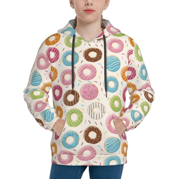 Rateoe Colorful Donuts Pattern Boys Hoodie, Youth Pullover Hooded Sweatshirt, Kangaroo Pocket Hoodie for Kids-Large