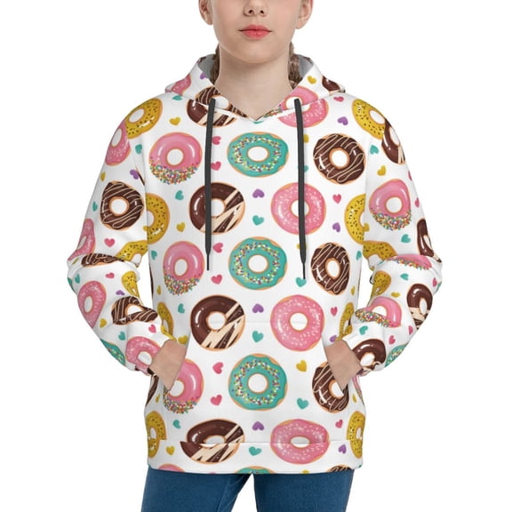 Rateoe Colorful Donuts Pattern Boys Hoodie, Youth Pullover Hooded Sweatshirt, Kangaroo Pocket Hoodie for Kids-X-Large