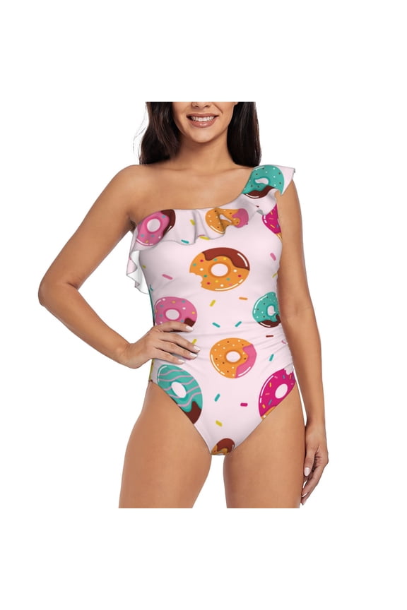 Colorful Donuts Pattern Women One Piece Swimsuits Tummy Control One Shoulder Bathing Suits Ruffle Swimwear-