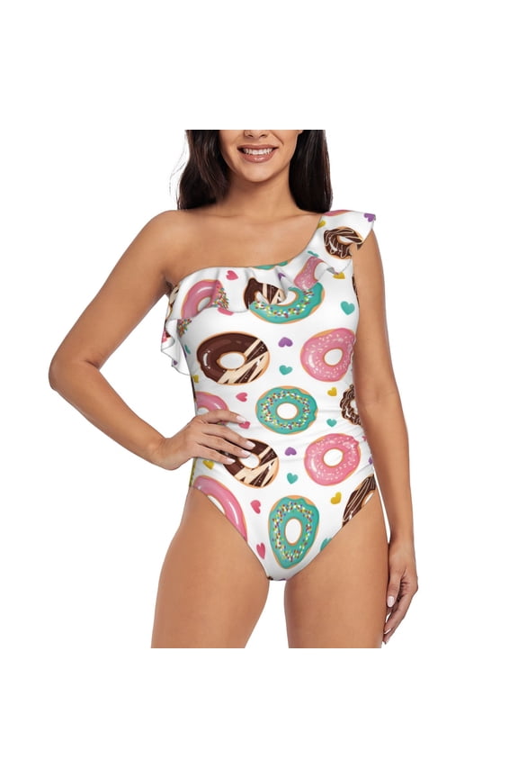 Colorful Donuts Pattern Women One Piece Swimsuits Tummy Control One Shoulder Bathing Suits Ruffle Swimwear-