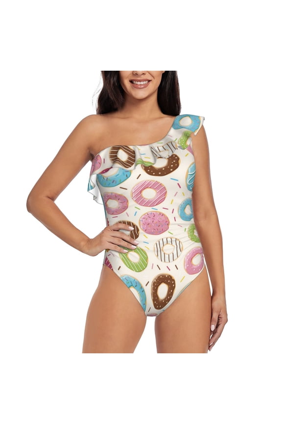 Colorful Donuts Pattern Women One Piece Swimsuits Tummy Control One Shoulder Bathing Suits Ruffle Swimwear-