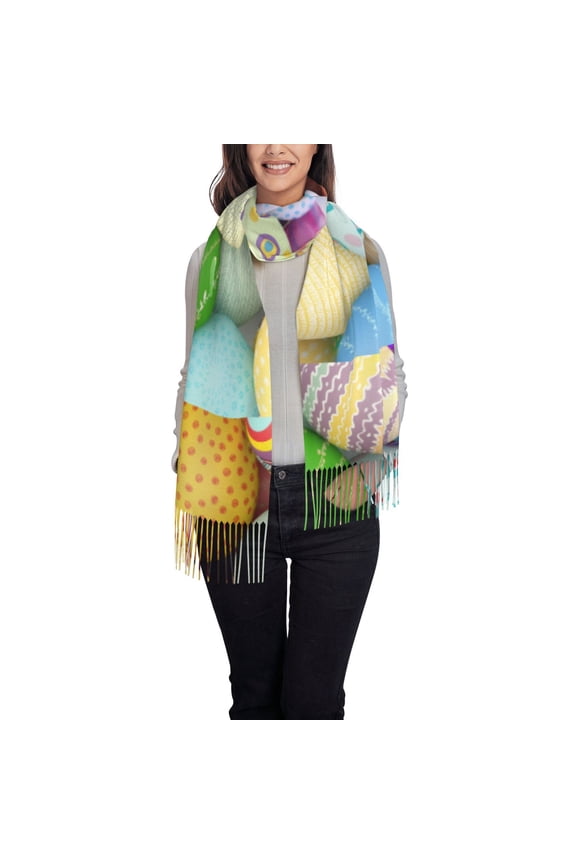 Colorful Easter Eggs Women's Traditional Scarf Wrap Tassel Shawl Fringes Neck Head Shawl Retro Scarf