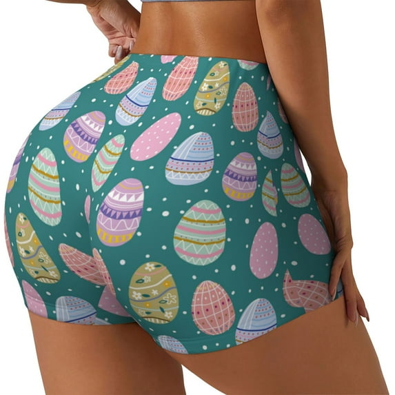 Rateoe Colorful Easter eggs Printed Power Workout Shorts for Women Tummy Control Squat Proof Ribbed Thick Seamless Scrunch Active Short-Large