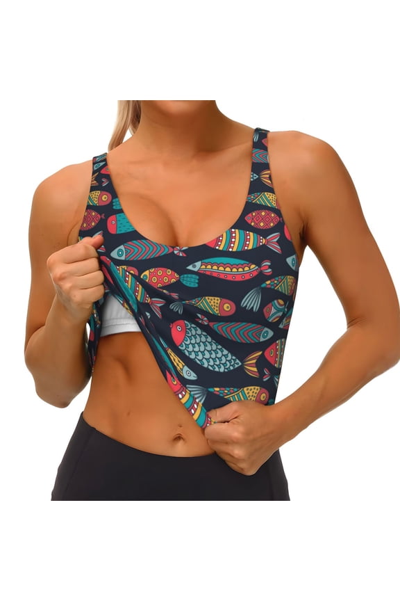 Colorful Fish Print Womens' Sports Bras Scoop Neck Sports Vest- Padded U Back Seamless High Impact Support